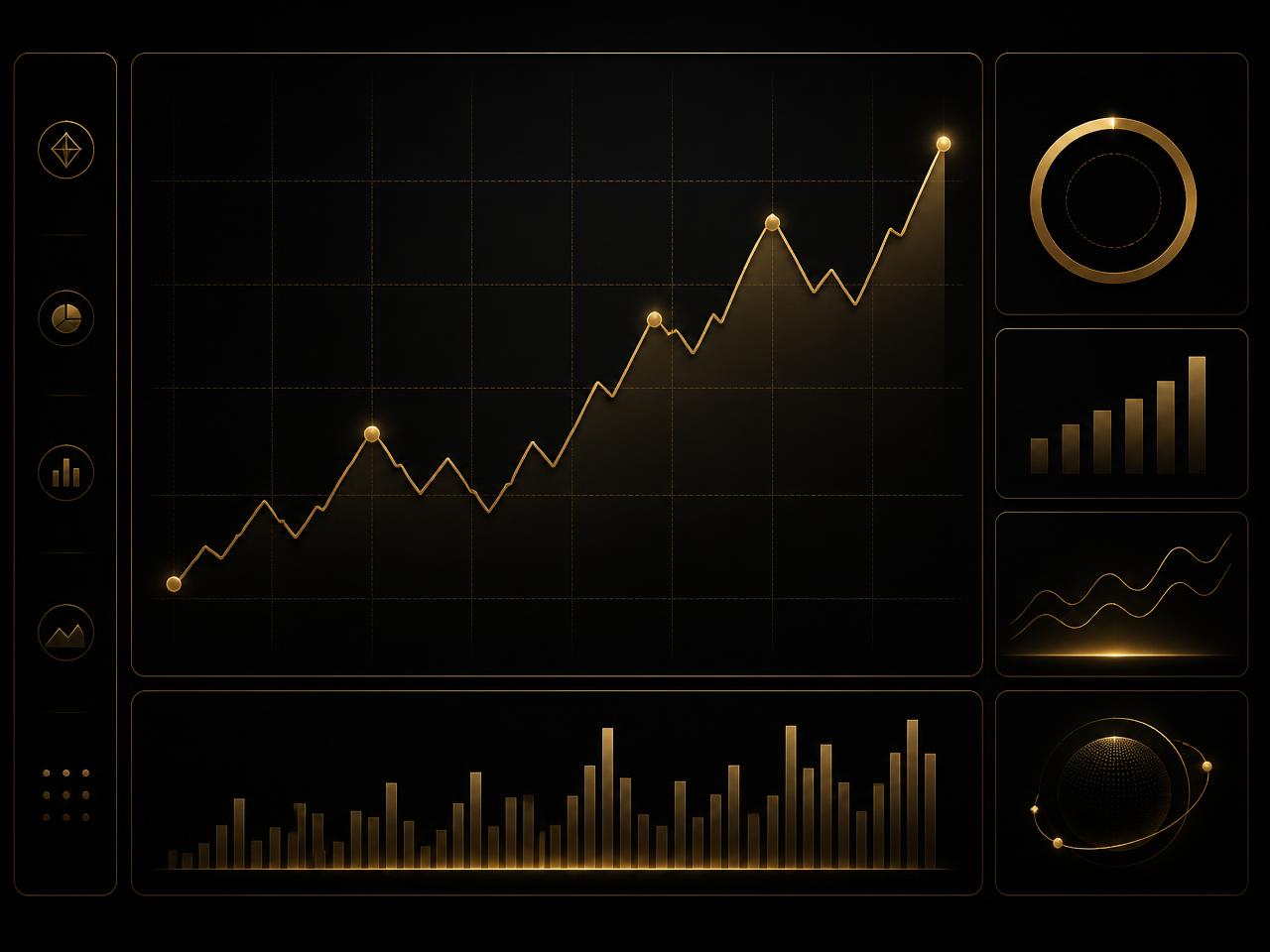 Gold line chart and financial dashboard graphics on a matte black background